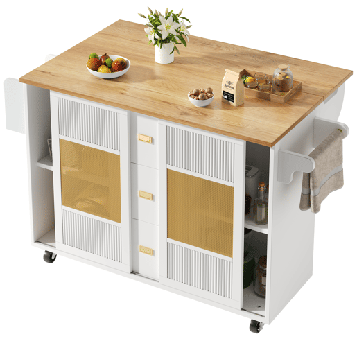 Ilha de cozinha 120x73x90 cm - Carrinho de cozinha com rodas, prateleira para especiarias, suporte para toalhas, prateleiras ajustáveis - Branco