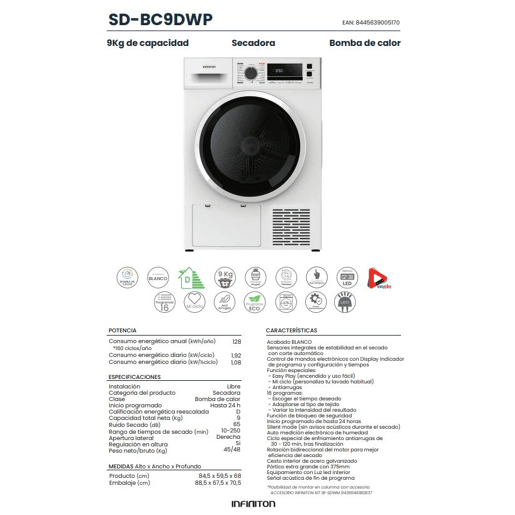 Máquina de Secar com Bomba de Calor Infiniton SD-BC9DWP, 9 kg, D, 16 Programas, Branco
