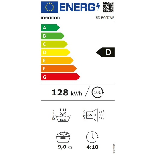 Máquina de Secar com Bomba de Calor Infiniton SD-BC9DWP, 9 kg, D, 16 Programas, Branco