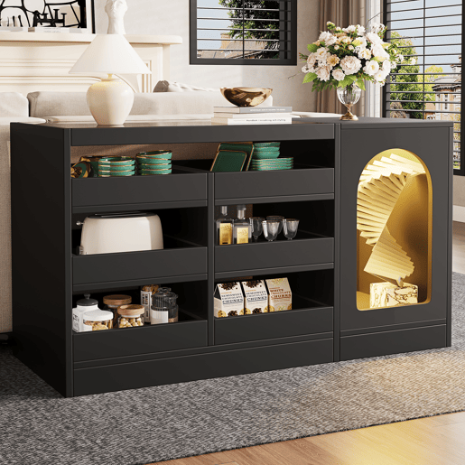 Cômoda, 120x40x75 cm - Moderna, com luz LED, 6 gavetas, porta de armazenamento, cor preta