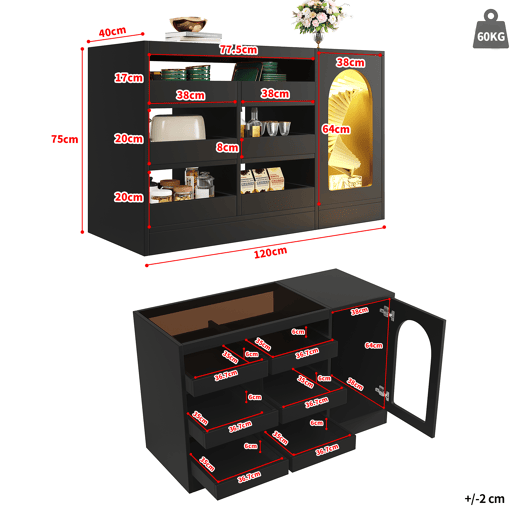Cômoda, 120x40x75 cm - Moderna, com luz LED, 6 gavetas, porta de armazenamento, cor preta