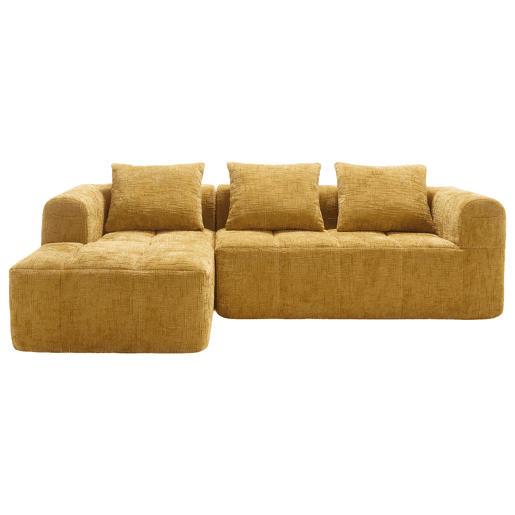 Sofá seccional moderno L - 3 lugares, sofá chenille com chaise longue, braços e 3 almofadas - Amarelo