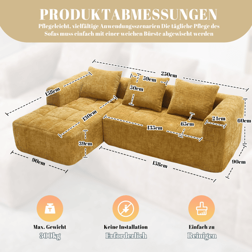 Sofá seccional moderno L - 3 lugares, sofá chenille com chaise longue, braços e 3 almofadas - Amarelo