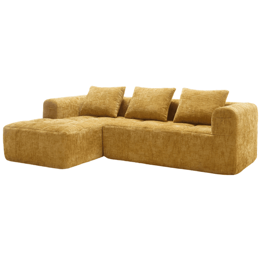 Sofá seccional moderno L - 3 lugares, sofá chenille com chaise longue, braços e 3 almofadas - Amarelo
