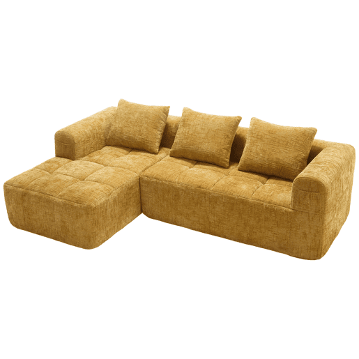 Sofá seccional moderno L - 3 lugares, sofá chenille com chaise longue, braços e 3 almofadas - Amarelo