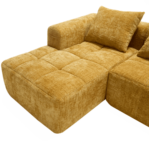 Sofá seccional moderno L - 3 lugares, sofá chenille com chaise longue, braços e 3 almofadas - Amarelo
