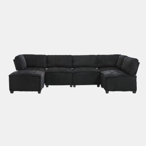 Sofá modular 308 cm - 6 lugares, veludo cotelê, ergonómico, com bolsos de arrumação, convertível em forma de UL ou sofá-cama, estrutura em madeira e metal, fácil montagem - Preto
