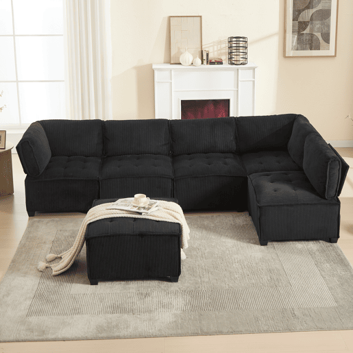 Sofá modular 308 cm - 6 lugares, veludo cotelê, ergonómico, com bolsos de arrumação, convertível em forma de UL ou sofá-cama, estrutura em madeira e metal, fácil montagem - Preto