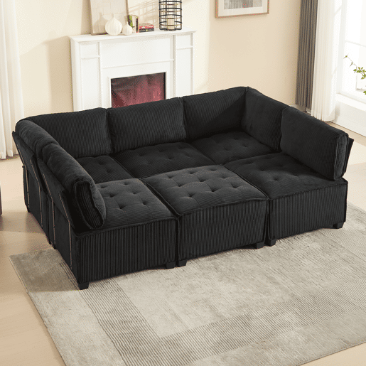 Sofá modular 308 cm - 6 lugares, veludo cotelê, ergonómico, com bolsos de arrumação, convertível em forma de UL ou sofá-cama, estrutura em madeira e metal, fácil montagem - Preto