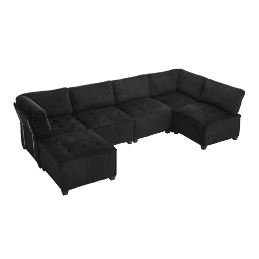 Sofá modular 308 cm - 6 lugares, veludo cotelê, ergonómico, com bolsos de arrumação, convertível em forma de UL ou sofá-cama, estrutura em madeira e metal, fácil montagem - Preto