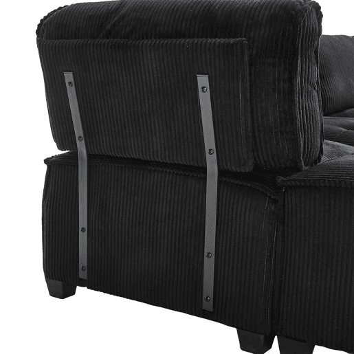 Sofá modular 308 cm - 6 lugares, veludo cotelê, ergonómico, com bolsos de arrumação, convertível em forma de UL ou sofá-cama, estrutura em madeira e metal, fácil montagem - Preto