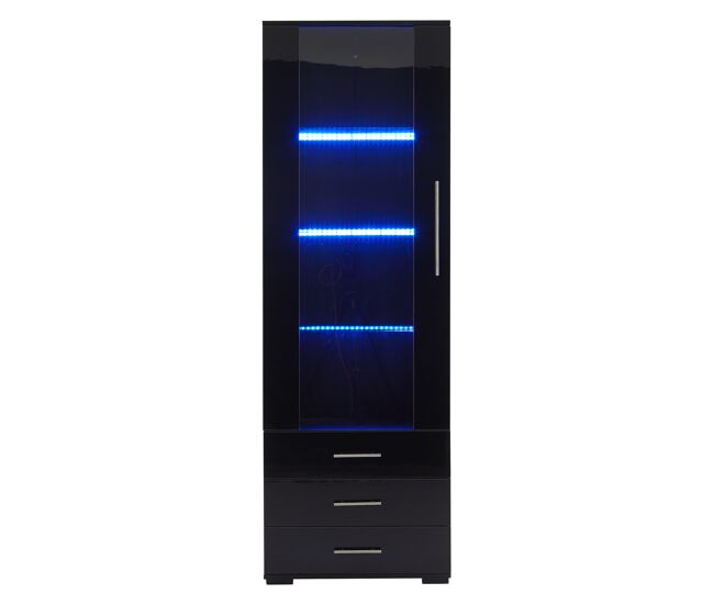 Vitrina de pie 60x35x180 cm - vitrina de vidrio con led, vitrina vertical con 3 cajones - negro brillante