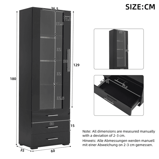 Vitrine de pé 60x35x180 cm - Vitrine de vidro com LED, vitrine vertical com 3 gavetas - Preto brilhante