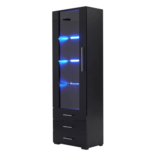 Vitrine de pé 60x35x180 cm - Vitrine de vidro com LED, vitrine vertical com 3 gavetas - Preto brilhante