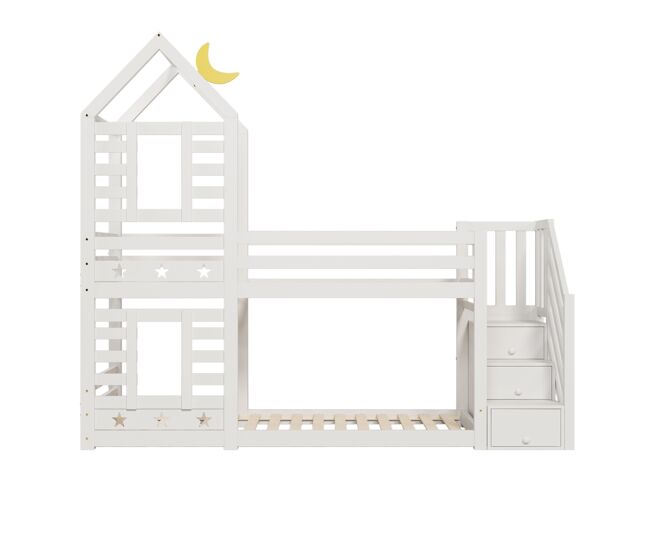 Cama infantil 90x200 cm - cama literas árbol con cajones y protección anticaída - blanco