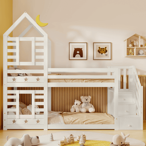Cama infantil 90x200 cm - Cama beliche em forma de árvore com gavetas e proteção anticaída - Branco