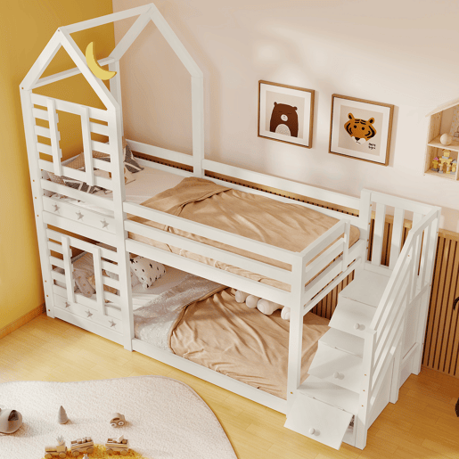 Cama infantil 90x200 cm - Cama beliche em forma de árvore com gavetas e proteção anticaída - Branco