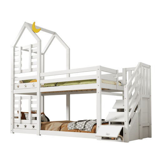Cama infantil 90x200 cm - Cama beliche em forma de árvore com gavetas e proteção anticaída - Branco