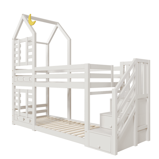 Cama infantil 90x200 cm - Cama beliche em forma de árvore com gavetas e proteção anticaída - Branco