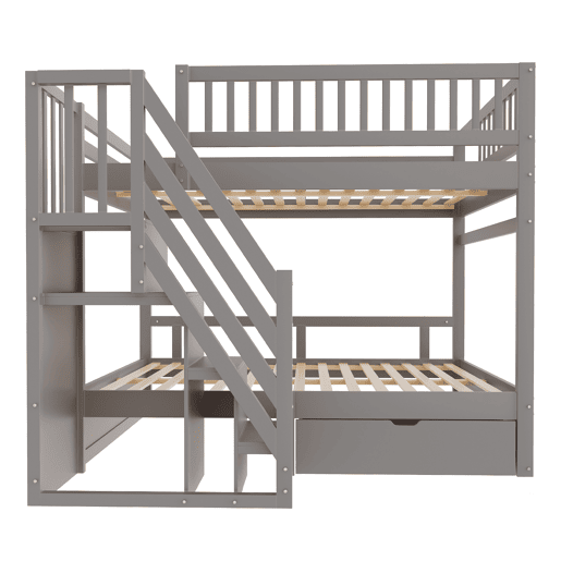 Cama beliche 140*200 cm - Com painel de segurança alto, com estrado, escada de segurança com arrumação, com gavetas de arrumação - Cinza