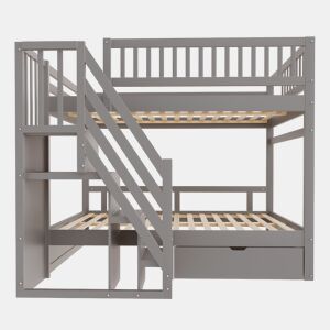 Cama beliche 140*200 cm - Com painel de segurança alto, com estrado, escada de segurança com arrumação, com gavetas de arrumação - Cinza