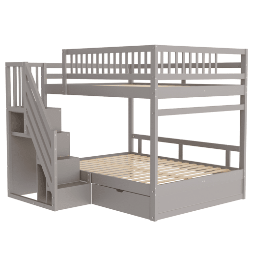 Cama beliche 140*200 cm - Com painel de segurança alto, com estrado, escada de segurança com arrumação, com gavetas de arrumação - Cinza