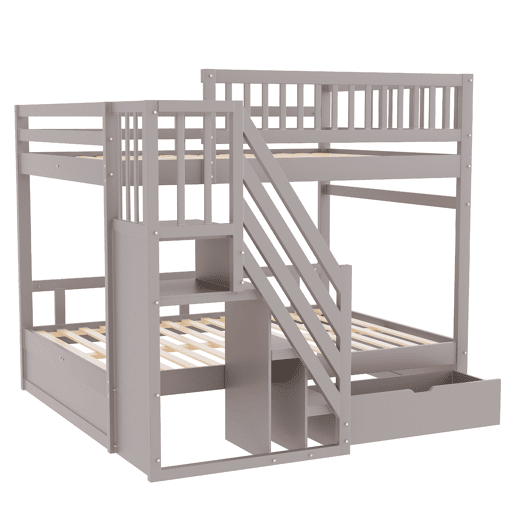 Cama beliche 140*200 cm - Com painel de segurança alto, com estrado, escada de segurança com arrumação, com gavetas de arrumação - Cinza