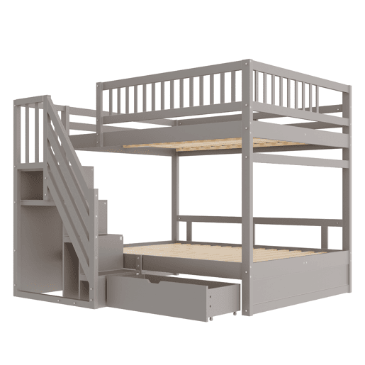 Cama beliche 140*200 cm - Com painel de segurança alto, com estrado, escada de segurança com arrumação, com gavetas de arrumação - Cinza