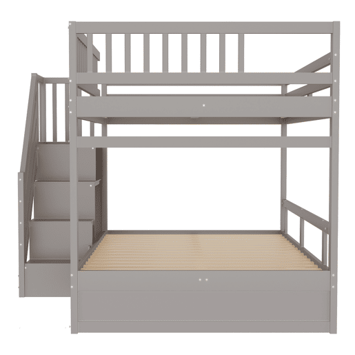 Cama beliche 140*200 cm - Com painel de segurança alto, com estrado, escada de segurança com arrumação, com gavetas de arrumação - Cinza