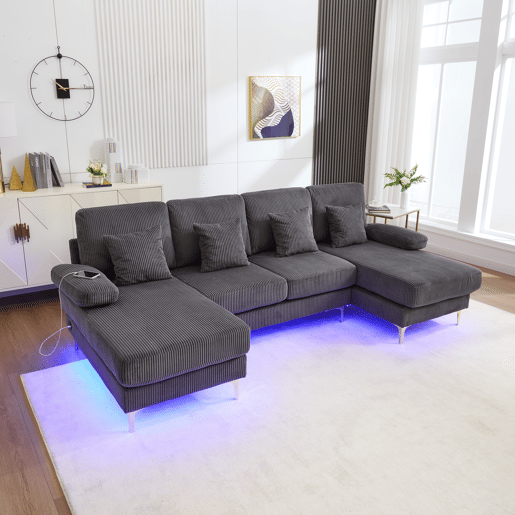 Sofá U moderno - 4 almofadas luxuosas, encosto ergonómico, estrutura em madeira maciça com iluminação LED e porta USB-C - Cinza