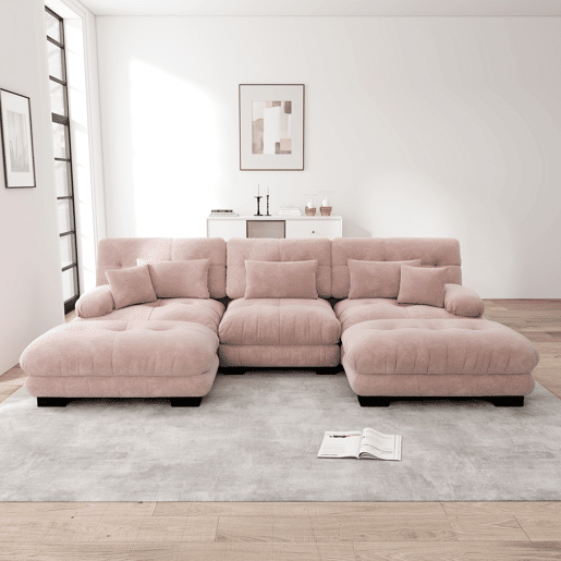 Sofá modular grande em U - Sofá Cloud com assento profundo, sofá conversível com otomano - Rosa Sofá modular grande em U - Sofá Cloud com assento profundo, sofá conversível com otomano - Rosa