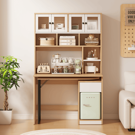 Secretária para computador 180 cm - Mesa de trabalho com prateleira e armário - Branco Natural