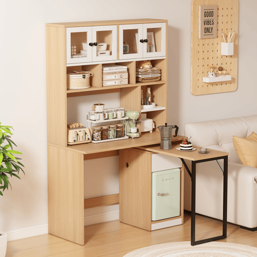 Secretária para computador 180 cm - Mesa de trabalho com prateleira e armário - Branco Natural