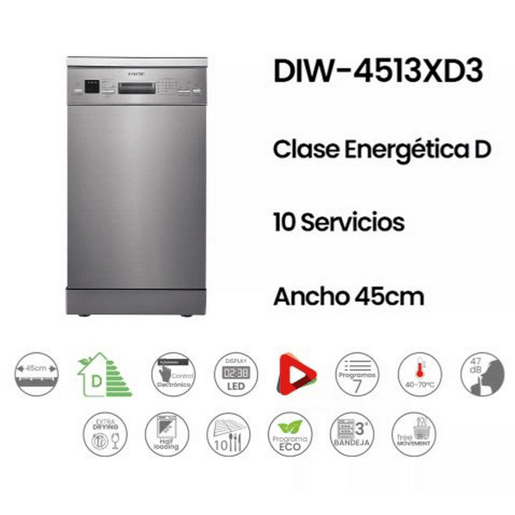 Lavavajillas Infiniton DIW-4513XD3, 45 cm, 10 Servicios, 7 Programas, D, Inox