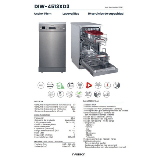 Lavavajillas Infiniton DIW-4513XD3, 45 cm, 10 Servicios, 7 Programas, D, Inox