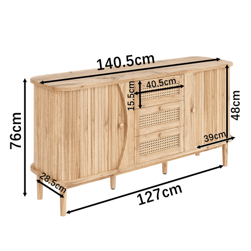 Móvel auxiliar - 120x40x75 cm - com portas de correr, prateleiras ajustáveis e superfície arredondada - cor Natural