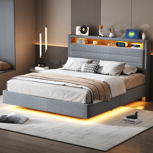 Cama estofada 140x200 cm - Estrutura flutuante hidráulica com arrumação, USB e luz LED, cabeceira reversível - Cinza
