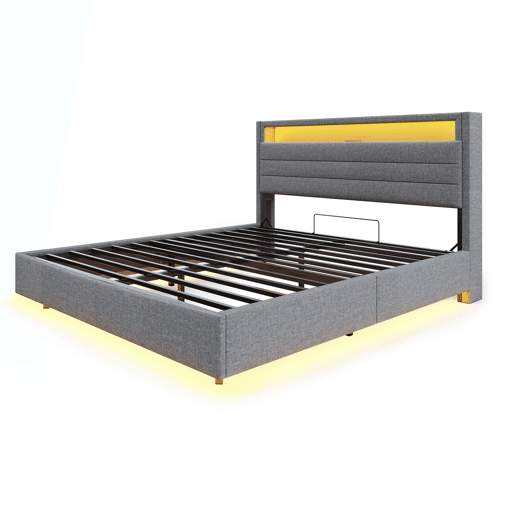 Cama estofada 140x200 cm - Estrutura flutuante hidráulica com arrumação, USB e luz LED, cabeceira reversível - Cinza