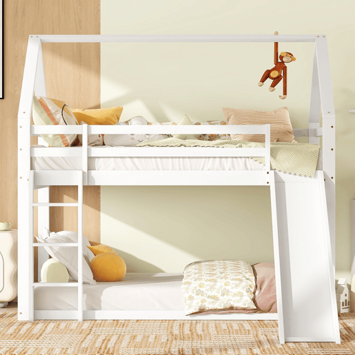 Cama individual 90x200cm - Cama infantil com escorregador e escada - Branca