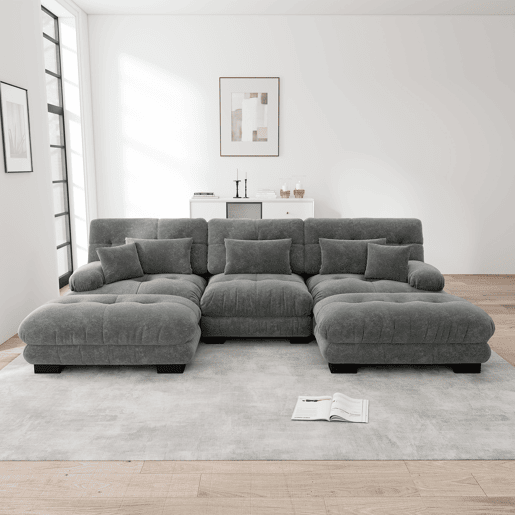 Sofá modular U 4 lugares - Sofá convertível com otomano, Chenille, Cinza Sofá modular U 4 lugares - Sofá convertível com otomano, Chenille, Cinza