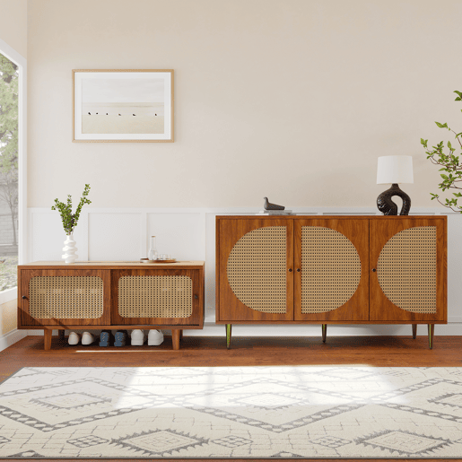 Conjunto de móveis para sala de estar - Combinação de cômoda de rattan e sapateira, cor nogal
