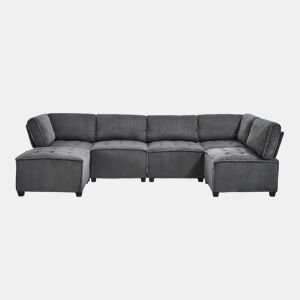 Sofá modular de 6 lugares, 308 cm - Veludo cotelê, ergonómico, com arrumação, convertível em ULsofá-cama, estrutura em madeira e metal, fácil montagem - Cinza