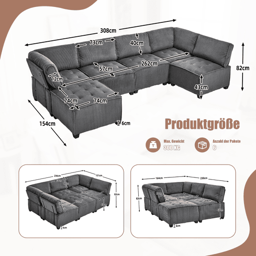 Sofá modular de 6 lugares, 308 cm - Veludo cotelê, ergonómico, com arrumação, convertível em ULsofá-cama, estrutura em madeira e metal, fácil montagem - Cinza