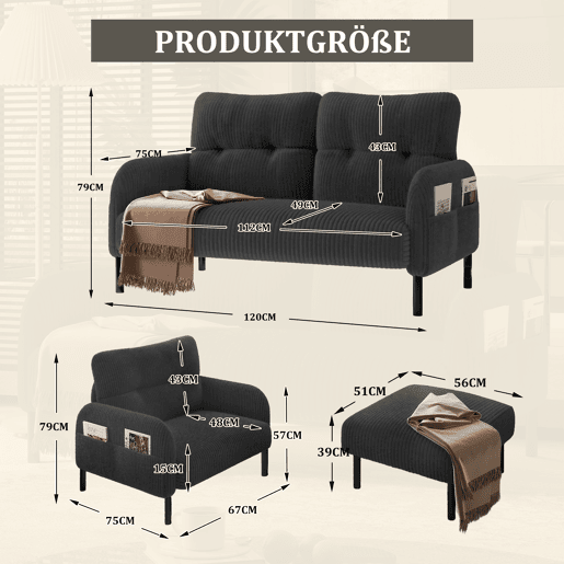 Conjunto de 3 peças: sofá de 2 lugares + poltrona + banqueta - Estrutura em aço com encosto macio e bolso lateral - Cinza Conjunto de 3 peças: sofá de 2 lugares + poltrona + banqueta - Estrutura em aço com encosto macio e bolso lateral - Cinza