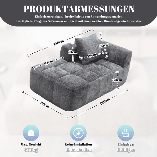 Sofá Chaise Longue - confortável, sem montagem, com almofada e bolsos laterais - Cinza