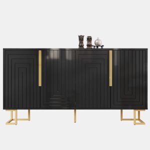Aparador 152x40x75 cm - Design geométrico único, puxadores e pés dourados - Preto