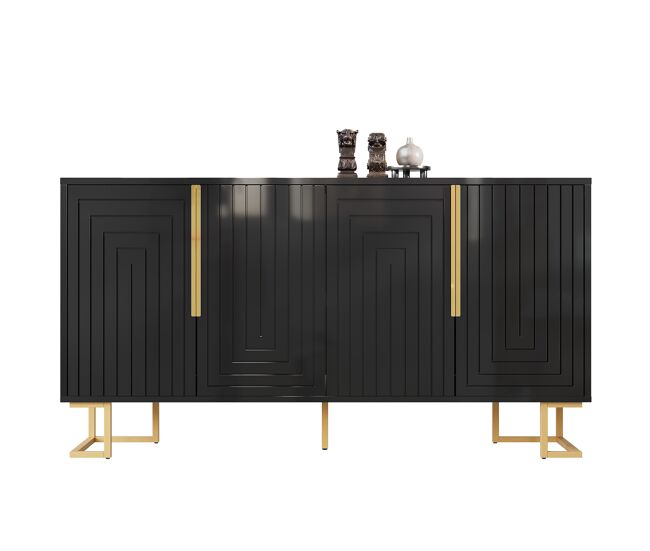 Sideboard 152x40x75 cm - diseño geométrico único, asas y pies dorados - negro