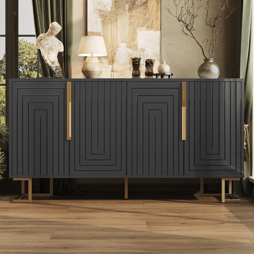 Aparador 152x40x75 cm - Design geométrico único, puxadores e pés dourados - Preto