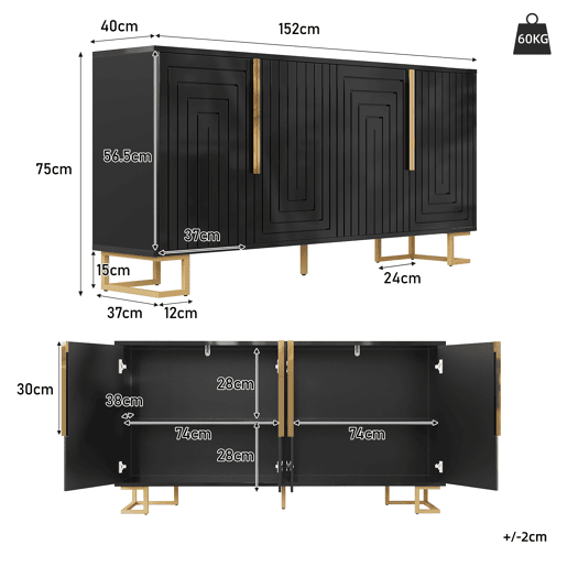 Aparador 152x40x75 cm - Design geométrico único, puxadores e pés dourados - Preto