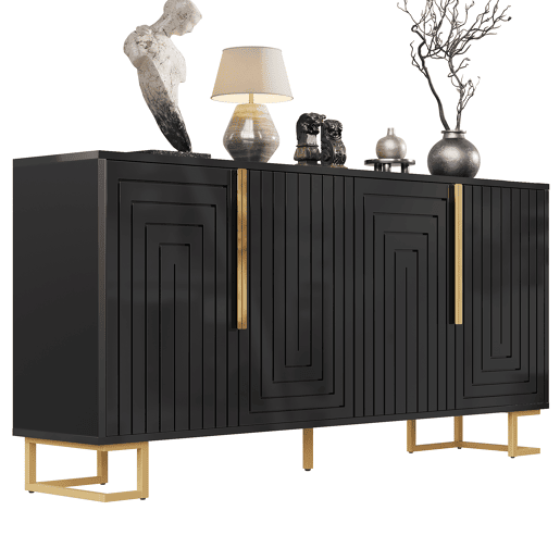 Aparador 152x40x75 cm - Design geométrico único, puxadores e pés dourados - Preto